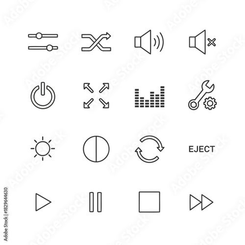 Set of various icons representing media playback, volume control, and settings functions