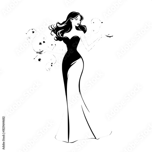 “Minimalist vector silhouette of a woman in a fitted bodice and long sweeping skirt. Her hair is wavy and styled, her stance refined and calm. Floral swirls expand from her outstretched hand. High-con