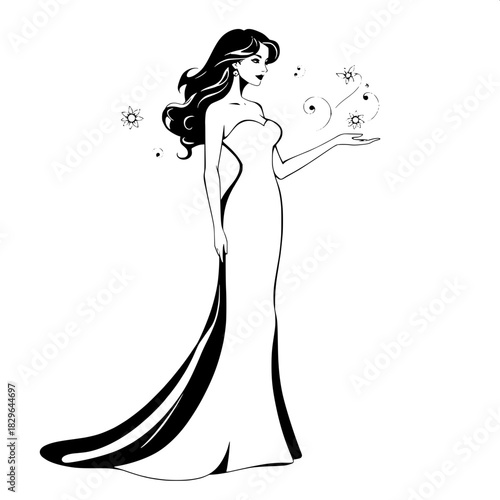 “Minimalist vector silhouette of a woman in a fitted bodice and long sweeping skirt. Her hair is wavy and styled, her stance refined and calm. Floral swirls expand from her outstretched hand. High-con