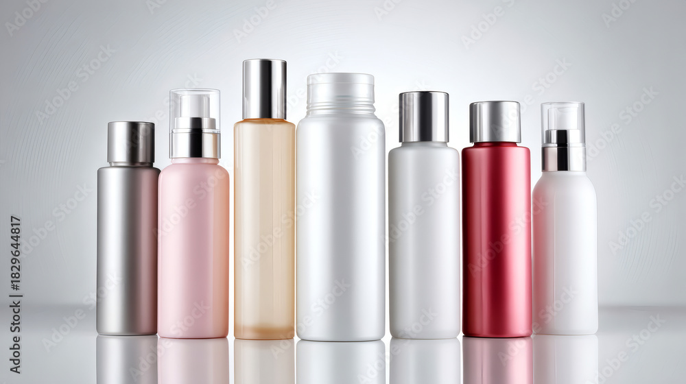 Obraz premium Assortment of various cosmetic bottles in different colors and shapes