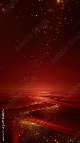 Red background with golden stars and glowing light effects over a starry sky, featuring red gradient, abstract flowing curves, and distant perspective in high definition, creating a mysterious