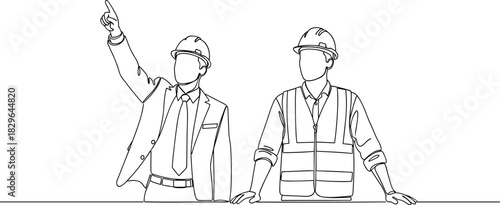 Continuous Line Art Vector Illustration of Two Construction Professionals, an Engineer and a Businessman, Wearing Hard Hats and Planning on a Building Site