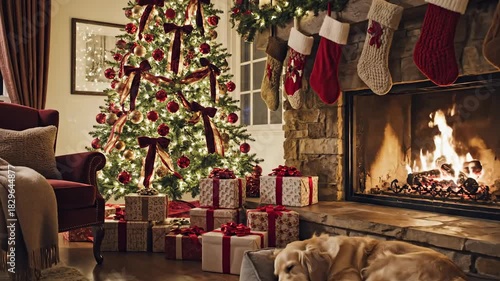 Cozy Christmas Scene with Fireplace and Christmas Tree 4K Footage Festive Holiday Ambiance & Decorations