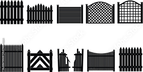 Fence silhouette collection with wooden picket designs, garden gate vector set, rustic and modern fencing styles, black and white illustration, exterior boundary icons