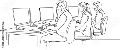 Continuous Line Art Vector of a Modern Office Workstation Showing Business People Collaborating on Computers in a Customer Support or Data Center Environment