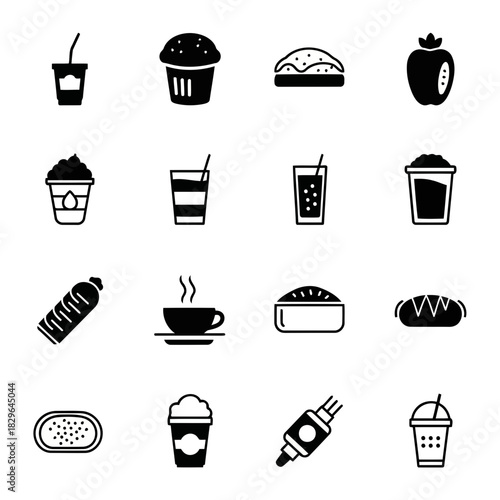 Set of black and white icons representing various food and drink items including coffee, soda, sandwiches, and desserts