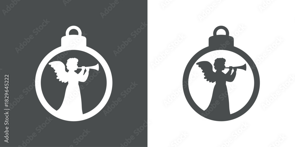 Fototapeta premium Tiempo de Navidad. Logo con silueta de bola de navidad con ángel con alas tocando la trompeta para tarjetas y felicitaciones