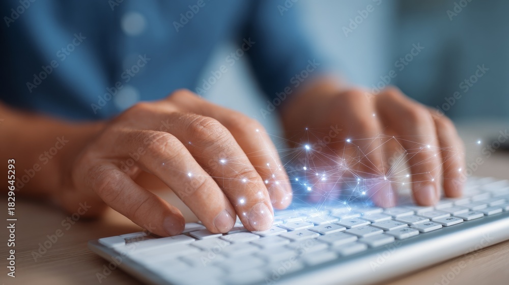 Obraz premium Person typing on computer keyboard.