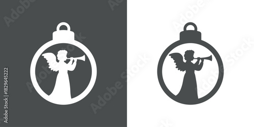 Tiempo de Navidad. Logo con silueta de bola de navidad con ángel con alas tocando la trompeta para tarjetas y felicitaciones