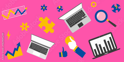 Bright business and technology elements on a pink background for creative projects