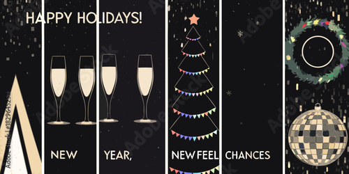 Art deco style happy holidays greeting card with champagne and decorations