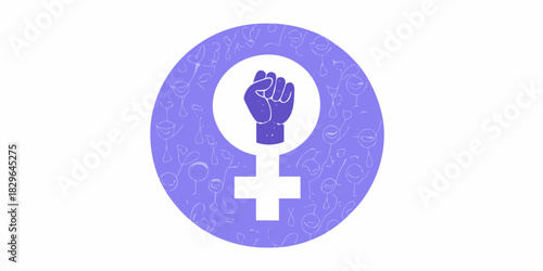 Feminist symbol with raised fist and faces in a light purple color