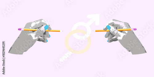 Hands with pencils and gender symbols on a light purple background
