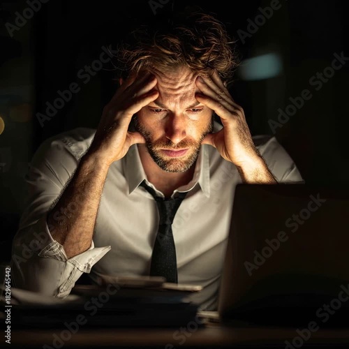 A man in the office with a tired face working in front of the computer, concept of stress and exhaustion.