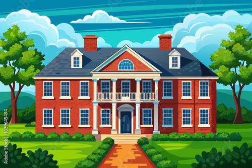Large traditional red brick colonial house with black roof and windows surrounded by green grass and trees under blue sky with clouds.
