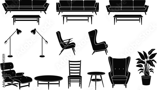 Furniture silhouettes set, sofa, armchair, coffee table, lounge chair, side table, lamp, dining chair, wingback, plant, interior decor, home layout