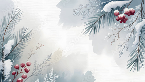 Snow-Covered Watercolor Pine and Berry Frame , Elegant Winter Holiday Background with Berries , Muted Blue Christmas Invitation Template , Hand-painted Evergreen and Frosty Border