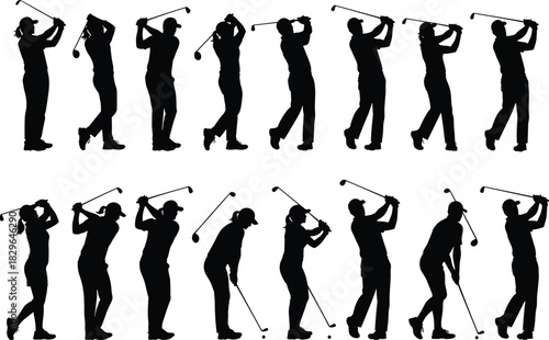 Golf swing silhouettes, golfer poses, sports motion, club swing stages, athletic form, training sequence, black figures, golfing technique, dynamic movement, sports illustration