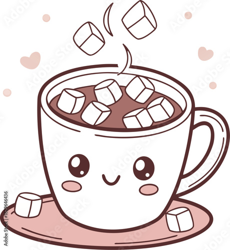 Cute hot chocolate mug with marshmallows illustration perfect for winter holiday promotions and cozy cafe designs, bring the warmth to your next project