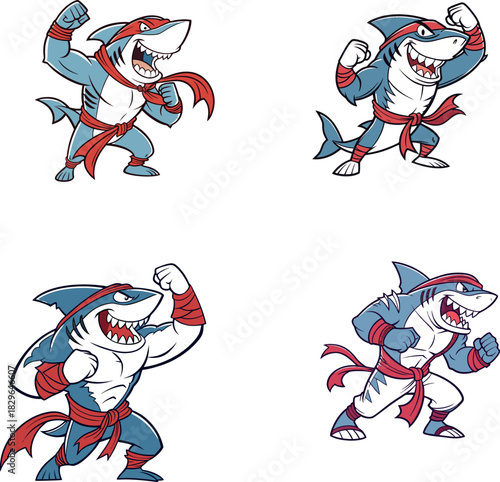 Set of Four Cartoon Shark Mascot Characters in Fighter or Martial Arts Poses