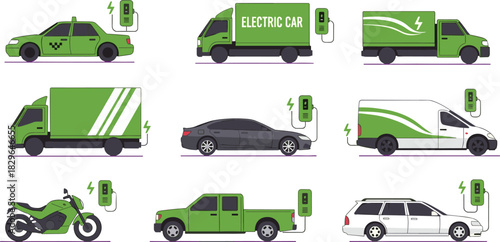 Illustration of diverse electric vehicles charging at stations, eco friendly transportation fleet showing cars, trucks, vans, motorcycle and sustainable green energy technology, clean mobility concept