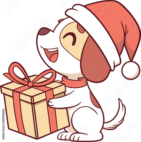 Adorable cartoon dog wearing Santa hat joyfully holding Christmas gift box for holiday greetings and festive designs for pet lovers this winter season