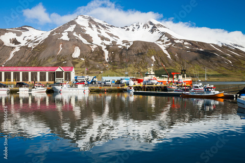 little town Siglufjordur in northern iceland on a sunny day