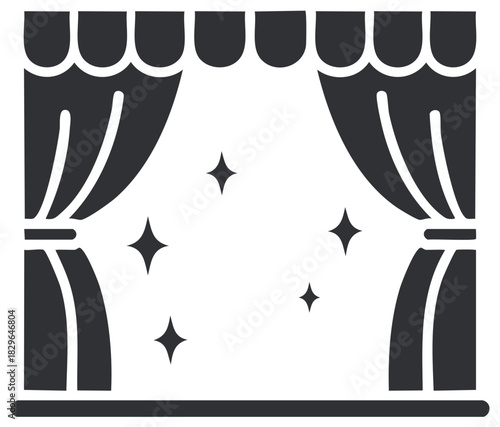 Stage curtains opening icon symbol with shiny stars, theatrical presentation sign, entertainment performance concept