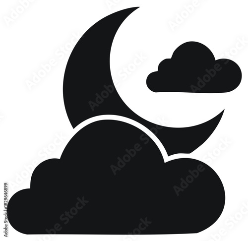 Dark night sky illustration featuring crescent moon and clouds silhouette