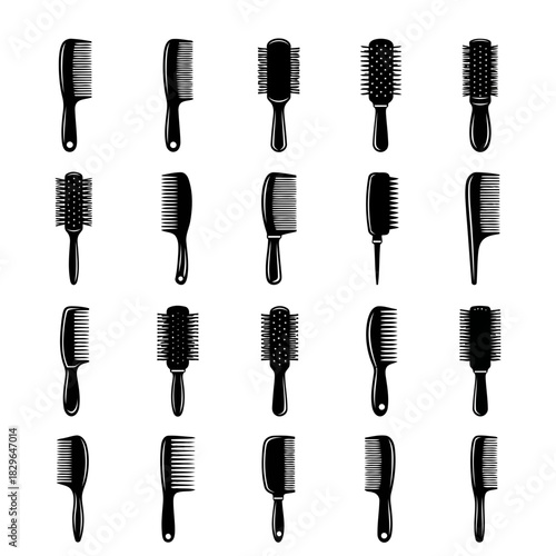 Collection of various hair combs and brushes in black and white illustration style
