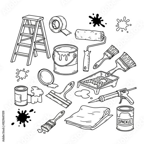Black and white illustration of painting tools and supplies including brushes, rollers, ladders, and paint cans