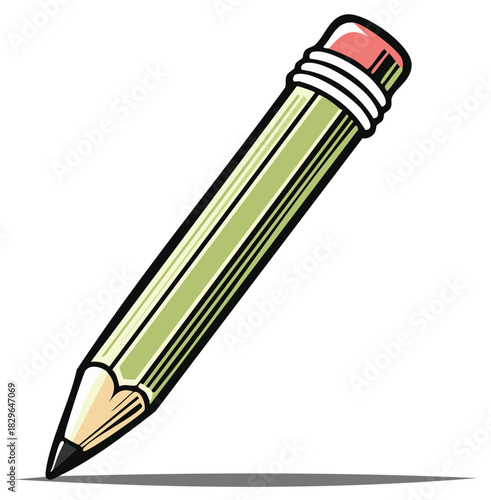 Vibrant green writing pencil with pink rubber eraser and sharpened graphite lead school supply