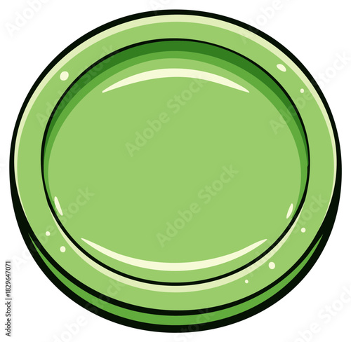 Simple cartoon illustration of a green circular plate with a raised rim and subtle highlights