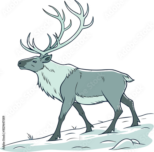 Majestic caribou with impressive antlers walking across a snowy landscape, perfect for winter holiday themes, wildlife projects, and festive designs