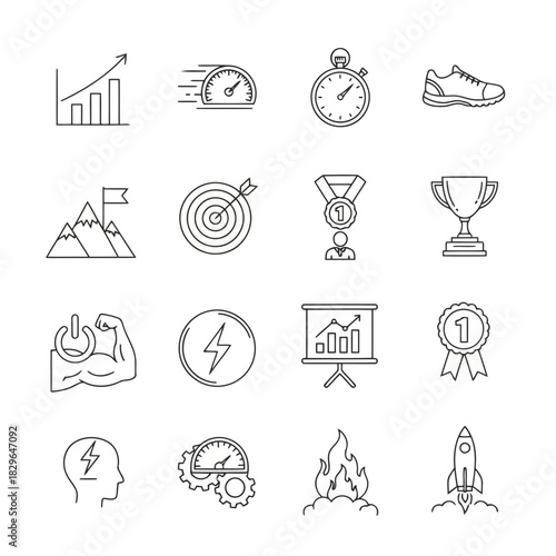 Set of 20 icons representing success, achievement, and performance metrics, including graphs, trophies, and fitness symbols