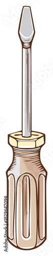 Illustration of a screwdriver with a flat head and a beige handle for various fixing jobs