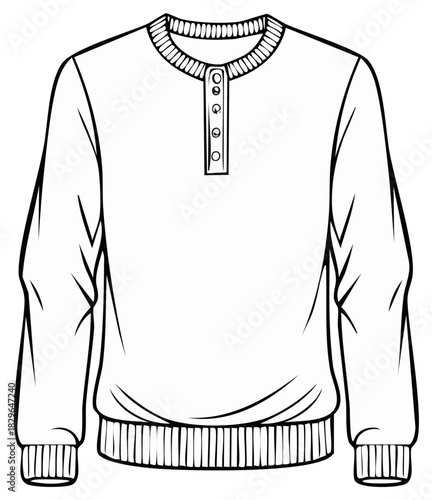Detailed Line Art of a Henley Shirt Featuring Long Sleeves and Button Placket