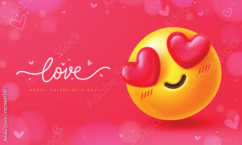 Cute 3D emoji with heart eyes on a vibrant red background with a bokeh effect and 'Love' script text. Ideal banner or header for Valentine's Day, romance, or dating apps.