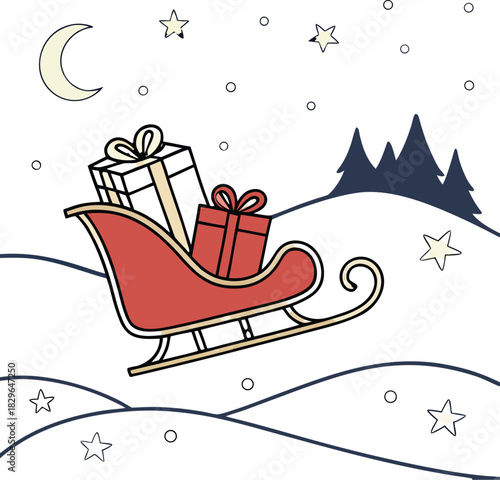 Charming Christmas sleigh delivering gifts under the moonlight, perfect for holiday cards and festive designs, adding a touch of winter magic to your project