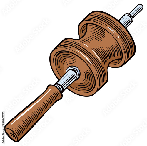 Wooden kite spool illustration with detailed wood grain design, in a retro style