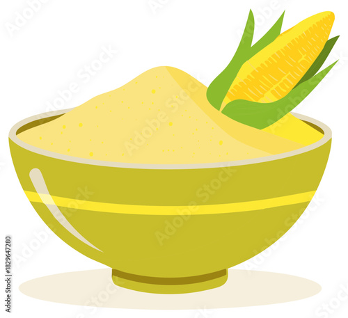 Yellow cornmeal in a vibrant green bowl with a fresh ear of corn illustration