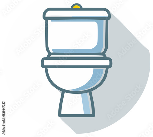 White modern toilet with blue accents and long shadow, clean bathroom sanitation fixture illustration