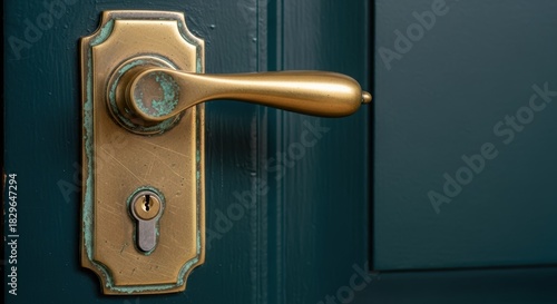 Aged brass door handle on dark green wooden door with keyhole