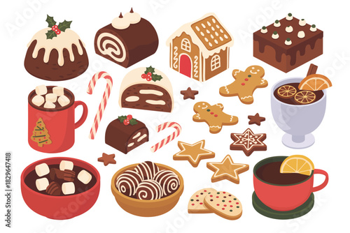 festive food collection, with pudding, yule log cake, gingerbread house, winter holiday desserts, detailed vector illustration for seasonal designs.