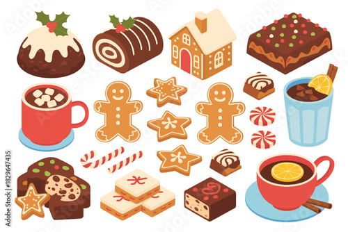 Festive food icons, isometric holiday vector set with christmas pudding, yule log cake, gingerbread house, traditional seasonal desserts, decorative winter celebration illustration.
