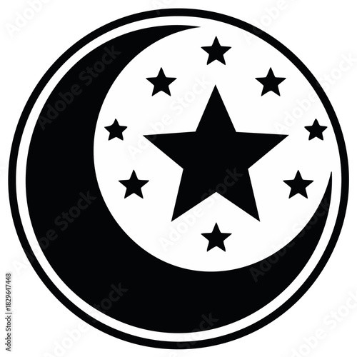 Mystical celestial emblem with a crescent moon and stars inside a circle. Simple black and white silhouette icon.