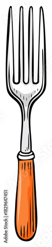 Hand drawn illustration of a classic dining fork with an orange handle
