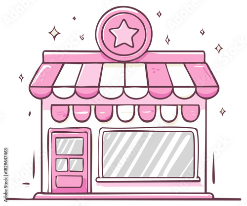 Charming pink retail store illustration with star coin symbol and striped awning design
