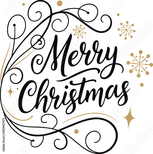 Elegant Merry Christmas greeting with swirls, gold snowflakes, and stars - holiday cheer, festive design, seasonal celebration, perfect for cards and decor