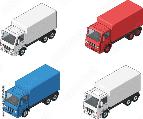 Isometric cargo truck illustration, delivery vehicle set, transportation fleet graphic, logistics trucks in multiple colors, commercial transport design, freight truck icons for distribution